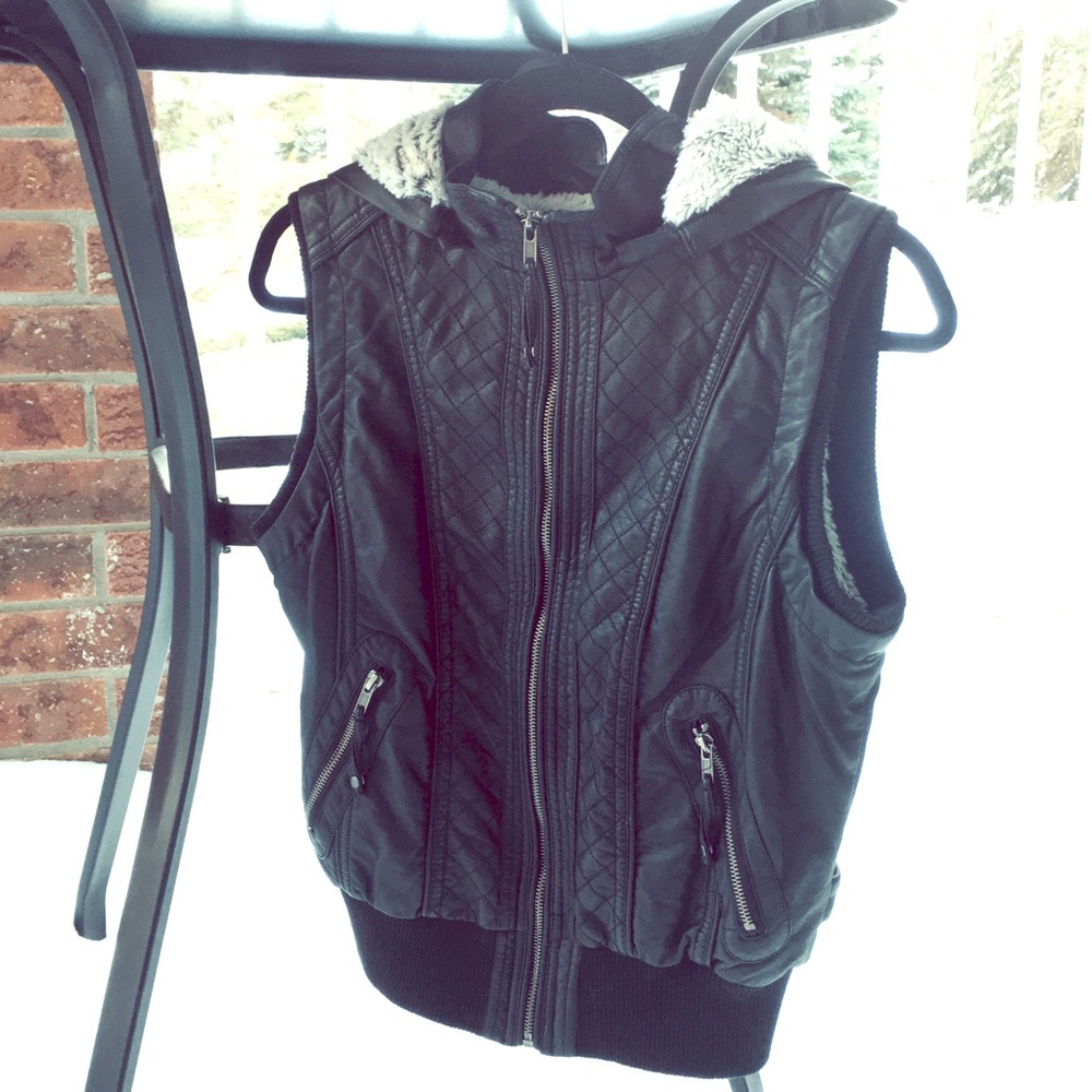 Plush Faux Fur Leather Moto Vest Size M EUC
